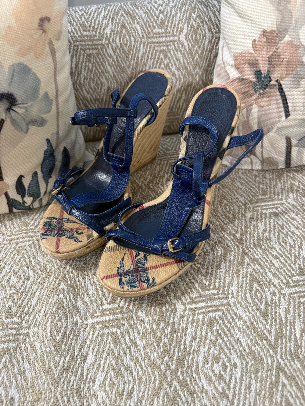 Burberry Blue Leather Wedge Sandals